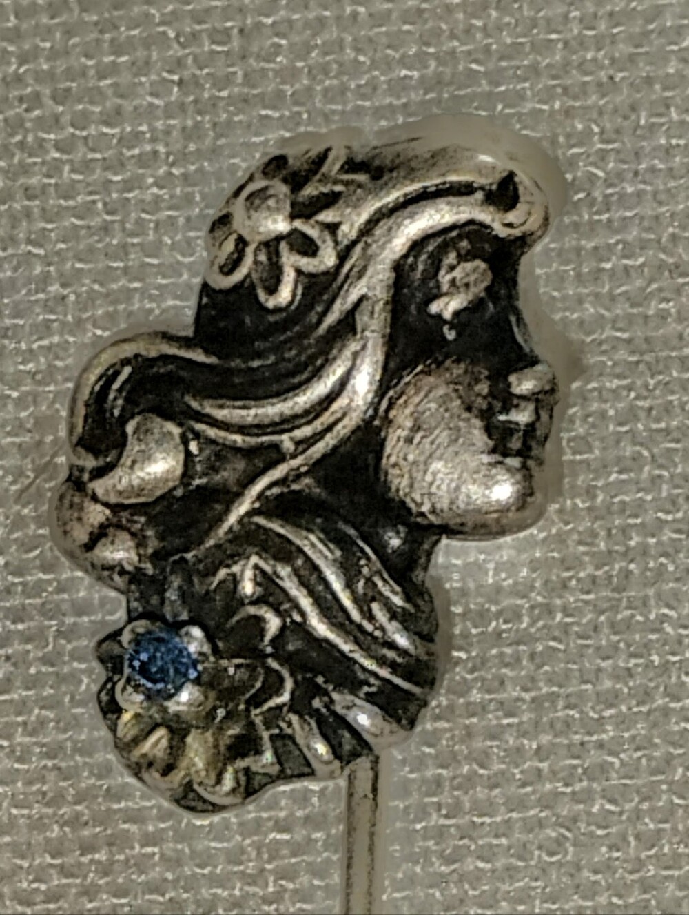 Antique Art Nouveau Sterling Silver Stick Pin Gibson Girl Profile 1890s Repousse - Picture 3 of 3